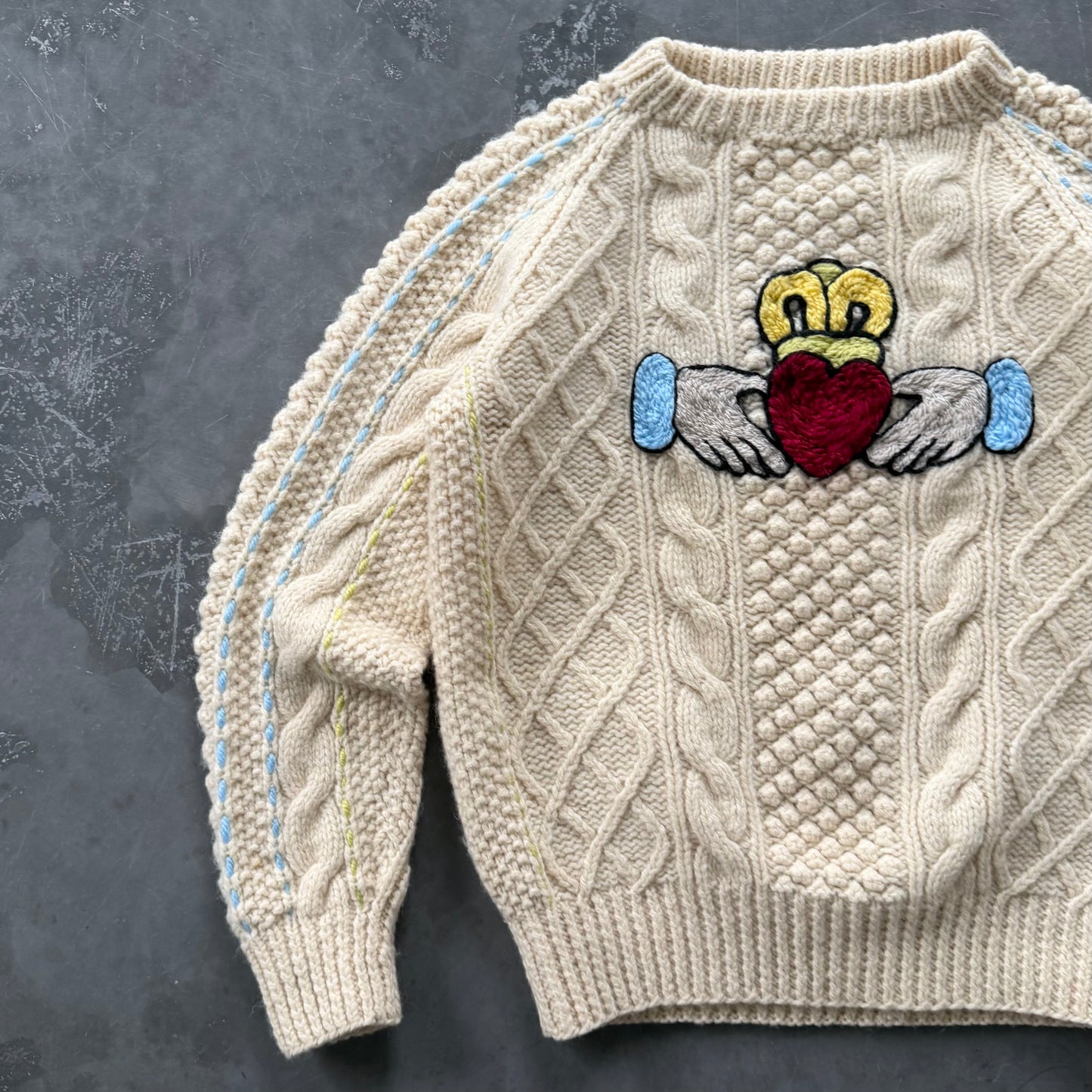 Hand Embroidered Claddagh Wool Geansaí Size Small