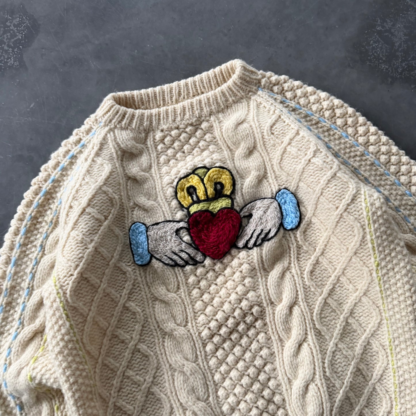 Hand Embroidered Claddagh Wool Geansaí Size Small