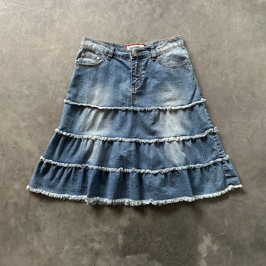 Vintage Denim Frill Midi Skirt UK 6