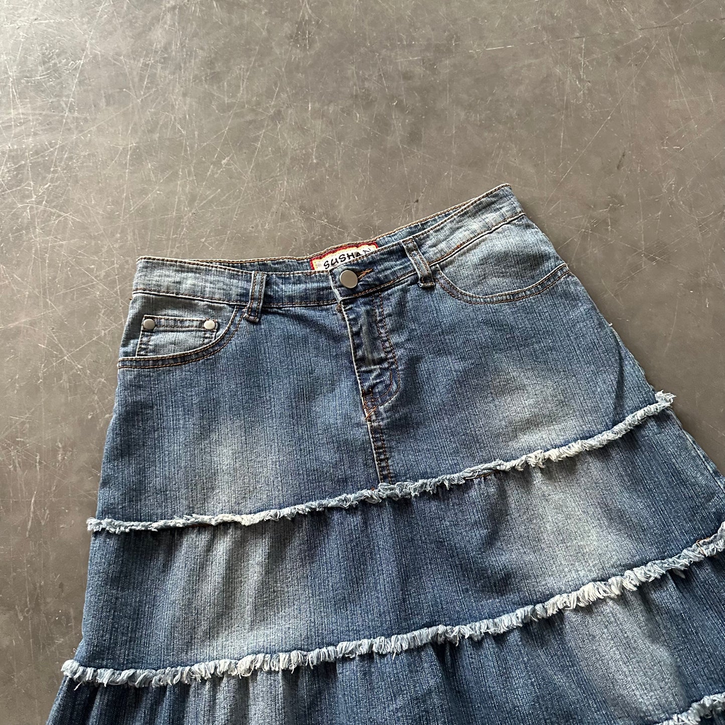 Vintage Denim Frill Midi Skirt UK 6