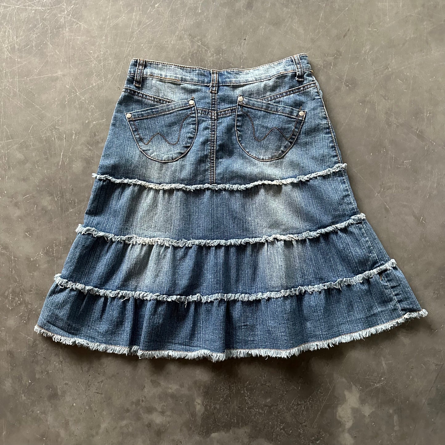 Vintage Denim Frill Midi Skirt UK 6