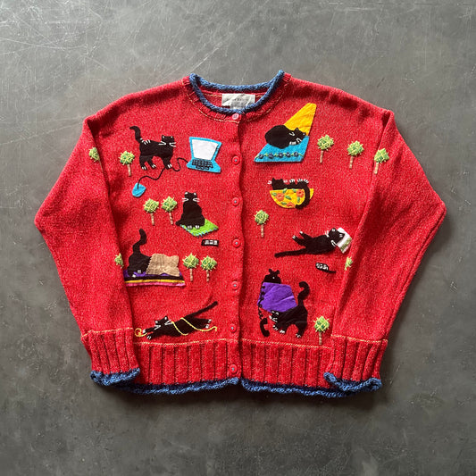 90's Hand Embroidered Cat Cardigan Size M